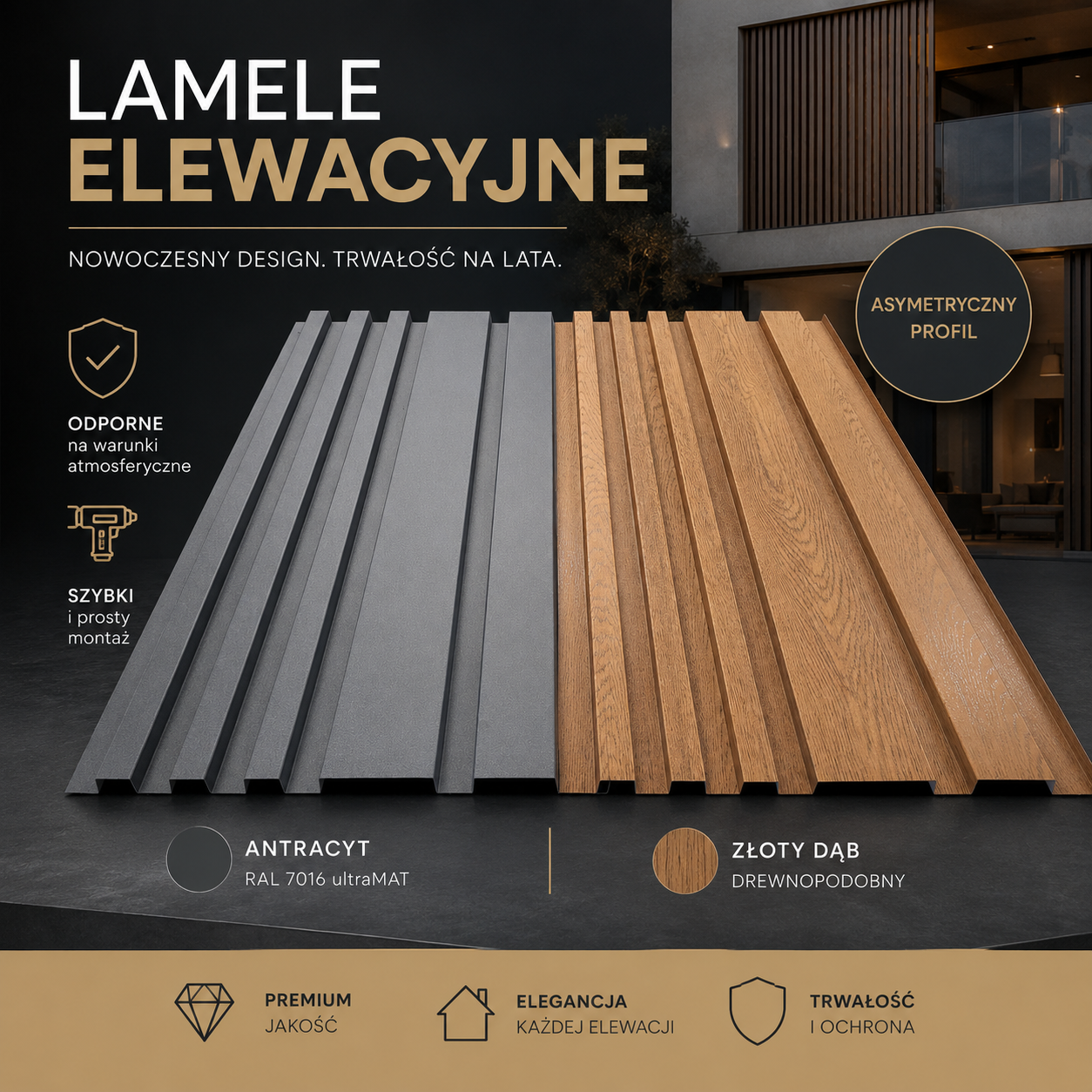 Nowoczesne lamele elewacyjne asymetryczne z blachy