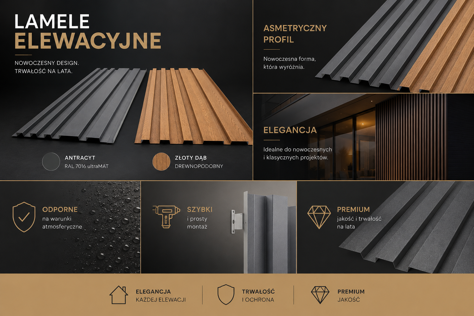 Lamele elewacyjne z blachy antracyt RAL 7016 ultraMAT i Złoty Dąb drewnopodobny produkowane na wymiar