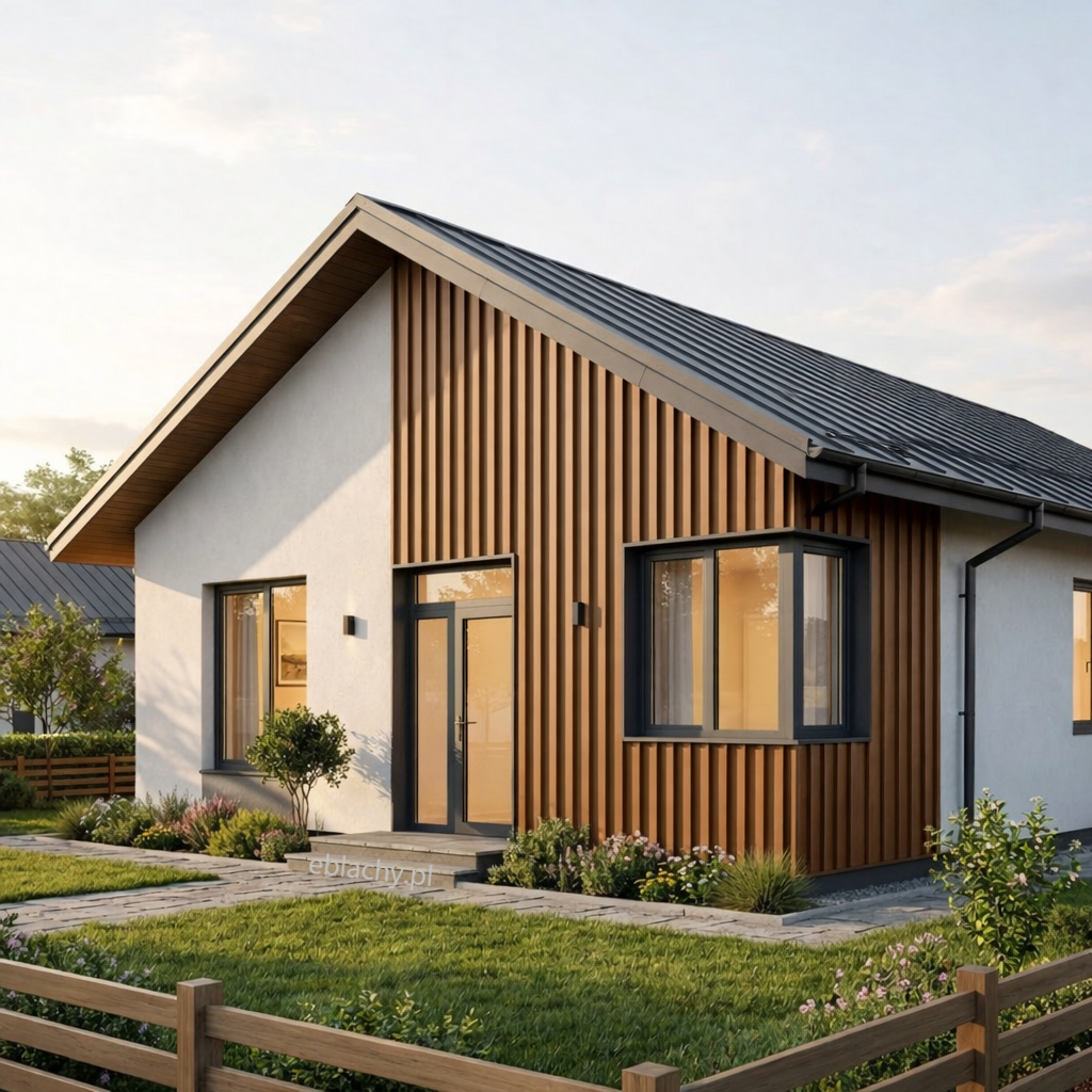 Nowoczesny dom metalową elewacją - Projekt domu z lamelami na ścianie