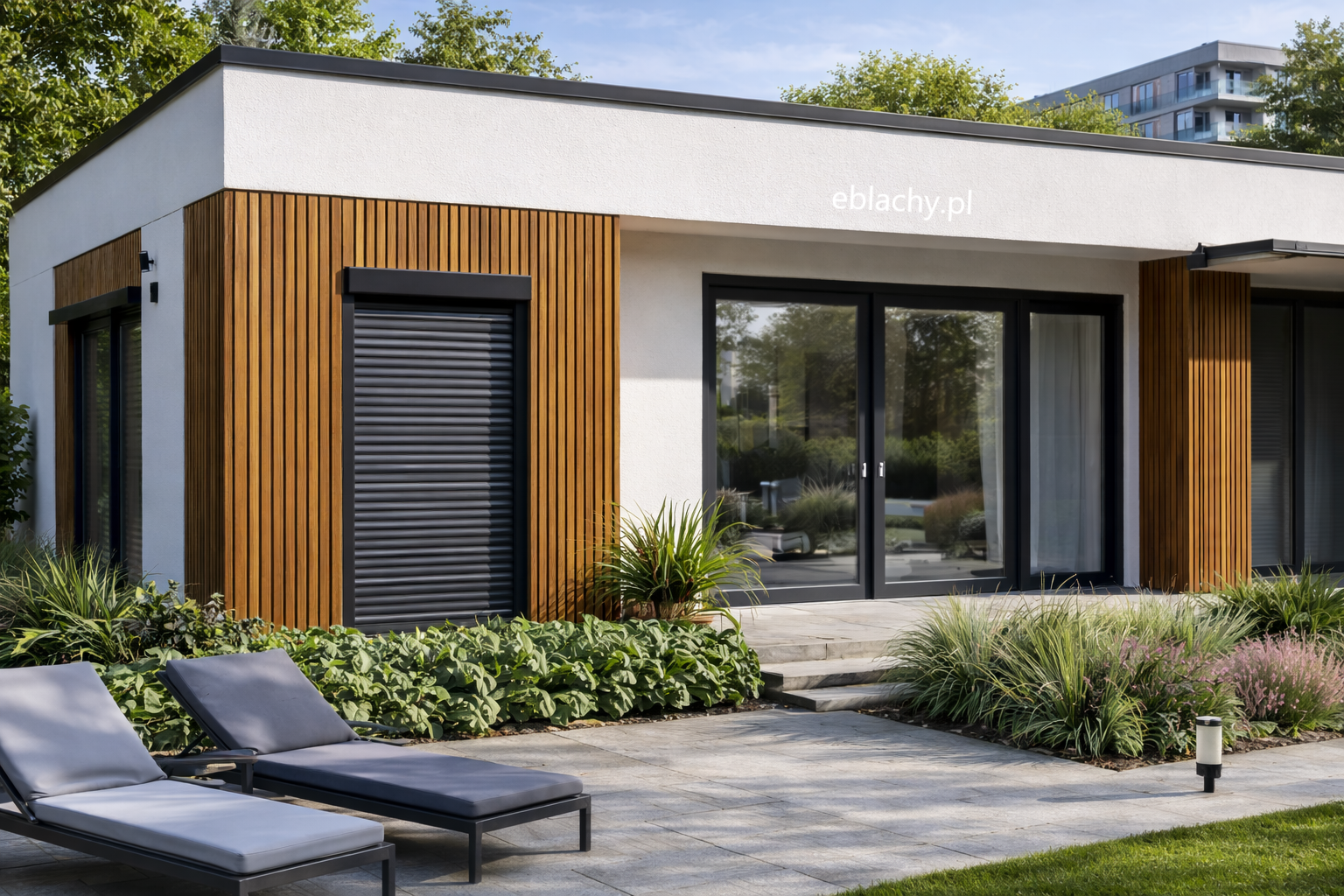 Nowoczesny dom z lamelami drewnopodobnymi